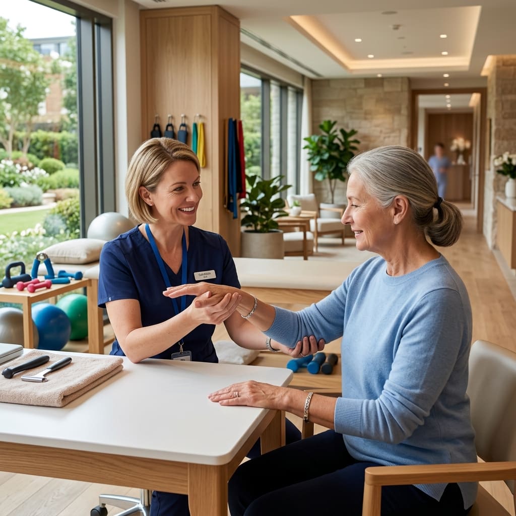 A caring occupational therapist guiding a client through gentle hand and arm mobility exercises in a luxury wellness clinic