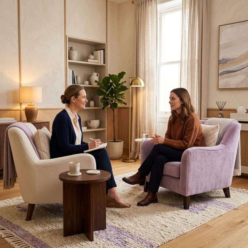 A calm, professional counseling session in a warm, inviting therapeutic room at Sugilite
